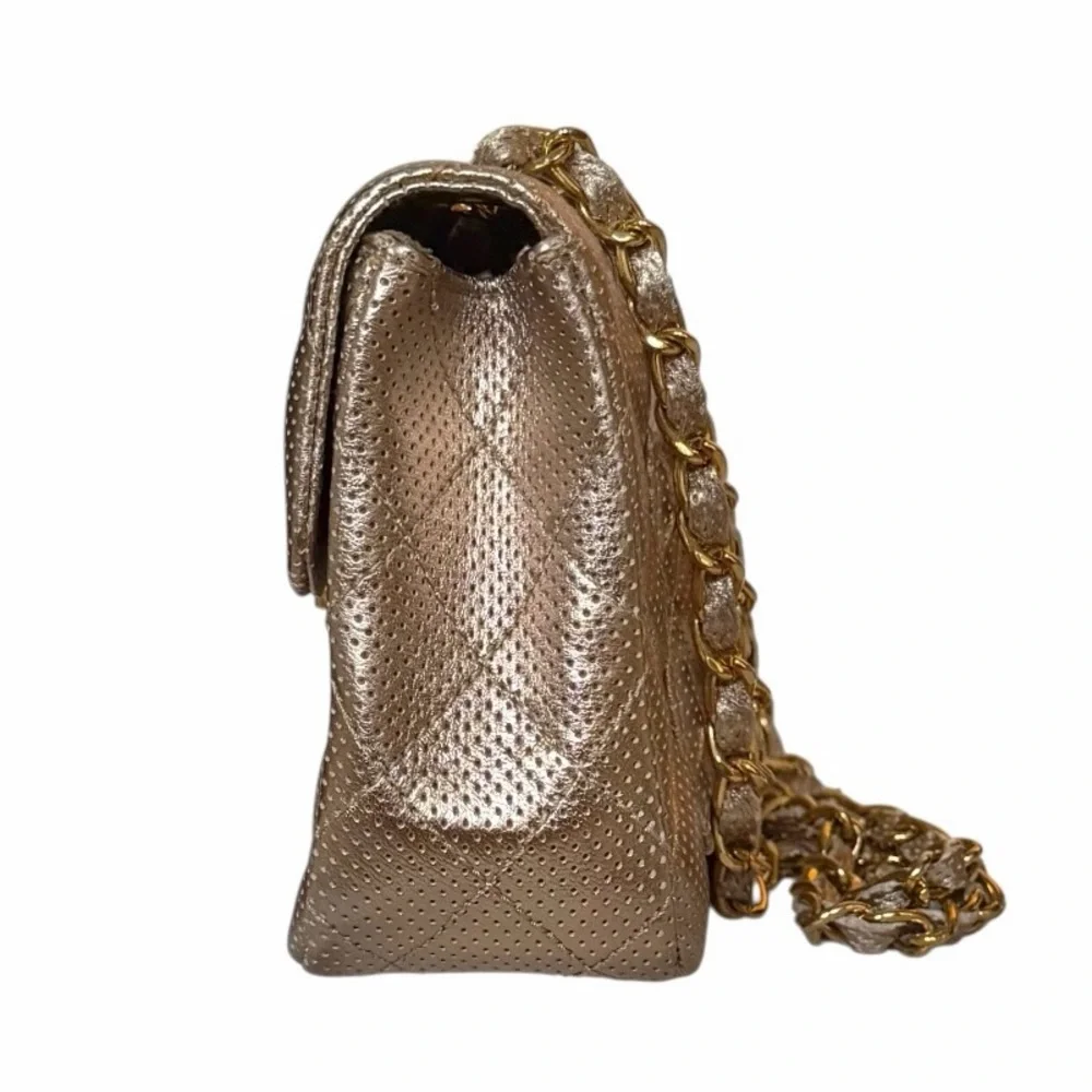 Ashneil Metallic Champagne Gold Quilted Perforated Flap Leather Shoulder Bag